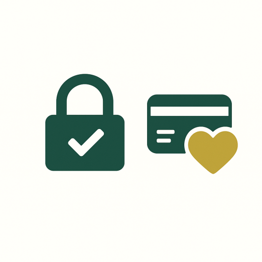 Flat vector image with two icons in GSP brand colors: a green credit card with a gold heart symbolizing secure, transparent payment processing that supports nonprofits, and a heart with an upward arrow representing consistent, growing nonprofit support.