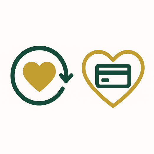 Flat vector image showing two icons: a circular arrow surrounding a gold heart symbolizing ongoing giving as long as businesses remain partners, and a gold heart containing a green credit card representing every transaction with purpose.