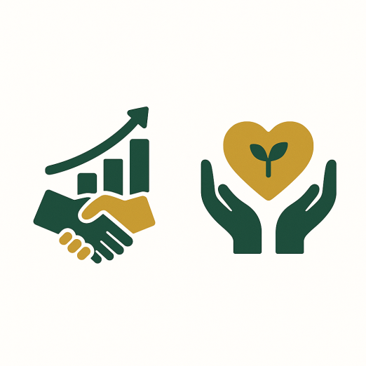 Flat vector image with two icons in dark green and gold: a handshake below an upward arrow representing business growth and goodwill, and hands holding a heart with a sprout symbolizing nonprofits receiving steady, growing support.
